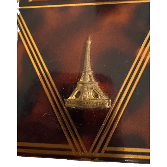 Vintage Eiffel Tower Powder Compact Tortoise Made In France Art Deco w Mirror - Picture 5 of 10